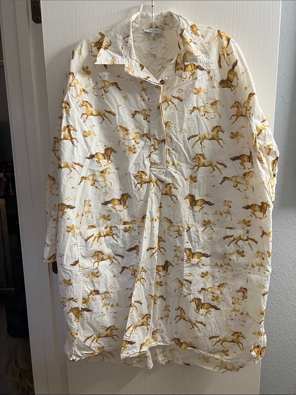 Ganni Cream Blouse with Gold Horse Print